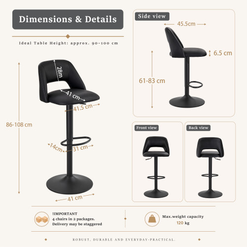 (Black, Set of 4) PU Bar Stools, Adjustable Swivel Breakfast Bar Chairs with Open Backrest 2