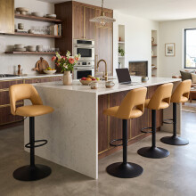 (Camel, Set of 4) PU Bar Stools, Adjustable Swivel Breakfast Bar Chairs with Open Backrest
