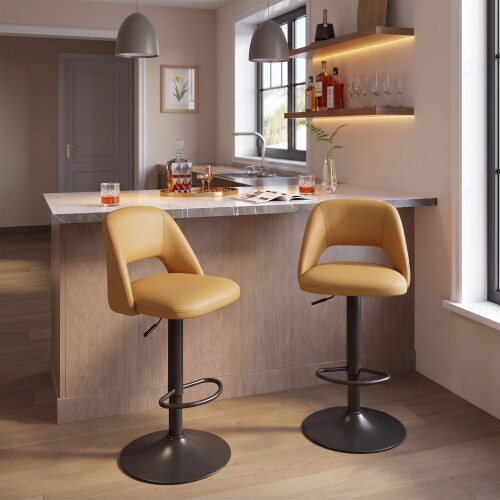 (Camel, Set of 2) PU Bar Stools, Adjustable Swivel Breakfast Bar Chairs with Open Backrest