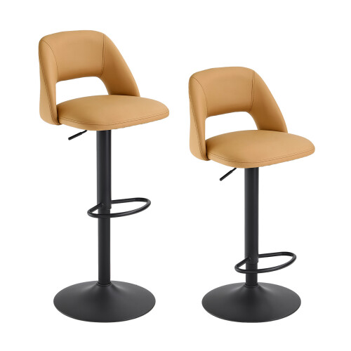 (Camel, Set of 2) PU Bar Stools, Adjustable Swivel Breakfast Bar Chairs with Open Backrest 1