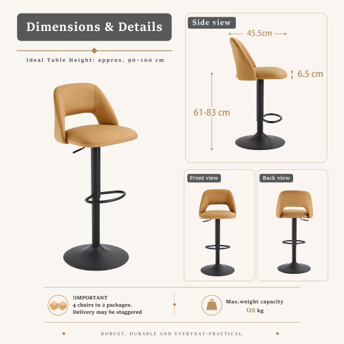 (Camel, Set of 4) PU Bar Stools, Adjustable Swivel Breakfast Bar Chairs with Open Backrest 2