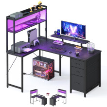 VASAGLE L-Shaped Computer Desk with LED Lights and Power Outlets, Corner Gaming Desk with 3 Drawers and Monitor Stand, 140 x 100 x 150 cm, Black, Barn