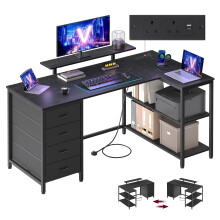 VASAGLE L Shaped Corner Desk with Power Outlets, Computer Gaming Desk with Storage, Reversible Layout, Adjustable Shelves, 4 Drawers, 2 USB Ports, Hom