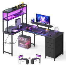 VASAGLE L-Shaped Computer Desk with LED Lights and Power Outlets, Corner Gaming Desk with 3 Drawers and Monitor Stand, 160 x 100 x 150 cm, Black, Barn