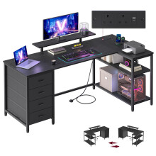 VASAGLE L Shaped Corner Desk with Power Outlets, Computer Gaming Desk with Storage, Reversible Layout, Adjustable Shelves, 4 Drawers, 2 USB Ports, Hom