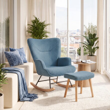 (Blue) Rocking Chair with footstool Set, Upholstered Comfort Lounge Chair - GOEURVANT