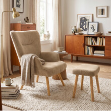 (Camel) Accent Chair with footstool Set, Upholstered Armchair with Solid Wood Legs - GOEURVANT
