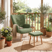 (Green) Accent Chair with footstool Set, Upholstered Armchair with Solid Wood Legs - GOEURVANT