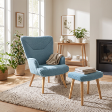(Blue) Accent Chair with footstool Set, Upholstered Armchair with Solid Wood Legs - GOEURVANT