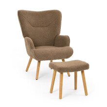 (Brown) Accent Chair with footstool Set, Upholstered Armchair with Solid Wood Legs - GOEURVANT