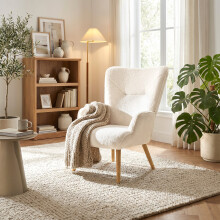 (Creme) GOEURVANT Accent Chair, Upholstered Armchair with Ergonomic Wingback, Solid Wood Legs