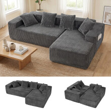 (Grey, Right Hand Facing) Jumbo Cord Corduroy Corner Sofa L-Shaped 4 Seater Large Grey