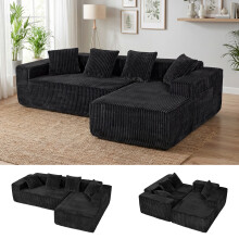 (Black, Right Hand Facing) Jumbo Cord Corduroy Corner Sofa L-Shaped 4 Seater Large Black