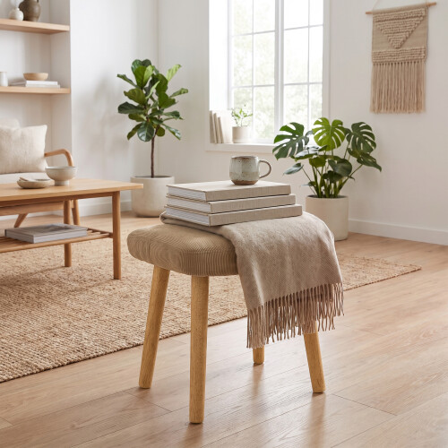 (Camel) GOEURVANT Fabric Footstool Ottoman with Solid Wood Legs 1