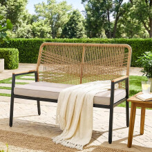 (Beige)Garden Rattan 2-Seater Bench w/8cm Cushion