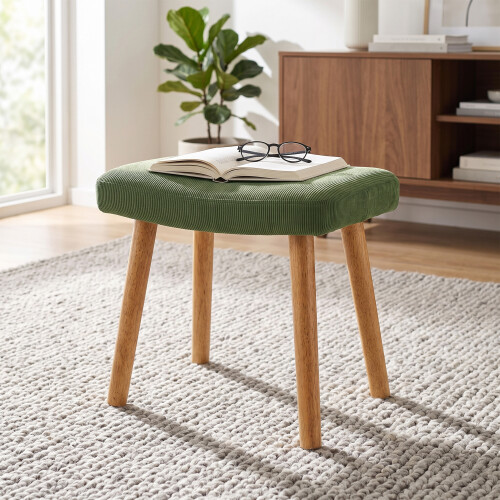 (Green) GOEURVANT Fabric Footstool Ottoman with Solid Wood Legs