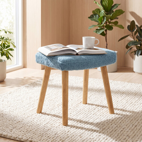 (Blue) GOEURVANT Fabric Footstool Ottoman with Solid Wood Legs