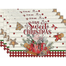 Set van 4 placemats met ijs, peperkoek en zoete kerstthema, 30 x 45 cm, winterse kersttafelmatten.