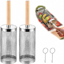 Lot de 2 paniers à griller à roulettes en acier inoxydable 304 - Avec poignée en bois amovible, parfaits pour les légumes, les crevettes et les g