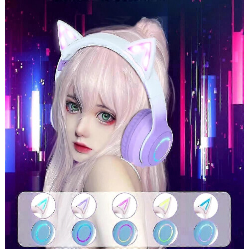Cuffie Bluetooth per bambini con orecchie da gatto, pieghevoli, con filo, ideali per il gaming e dotate di microfono. 1