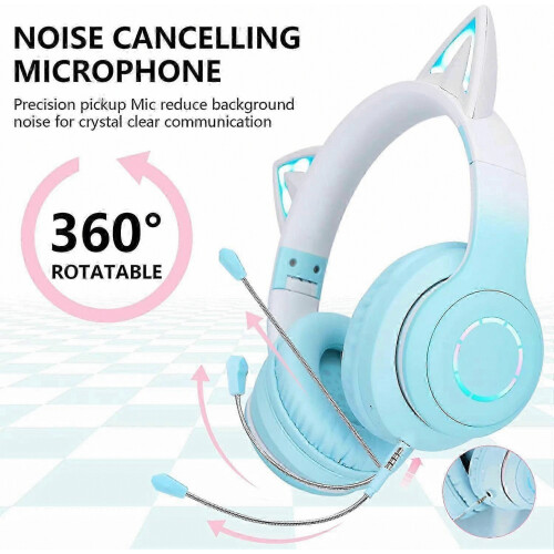 Cuffie Bluetooth per bambini con orecchie da gatto, pieghevoli, con filo, ideali per il gaming e dotate di microfono. 2