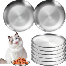 (Silver, 4pc) 6.7" Stainless Steel Cat Food Plates 4-Pack, Shallow Whisker-Friendly Design, Easy Clean Indoor Feeding Flat Dishes