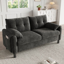 Canapé - 2 places Scandinave - Tissu chenille gris - Assise 17 cm moelleuse - Poches latérales