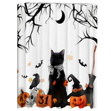 Halloween Shower Curtain Dachshund Pumpkin Bat Witch Design