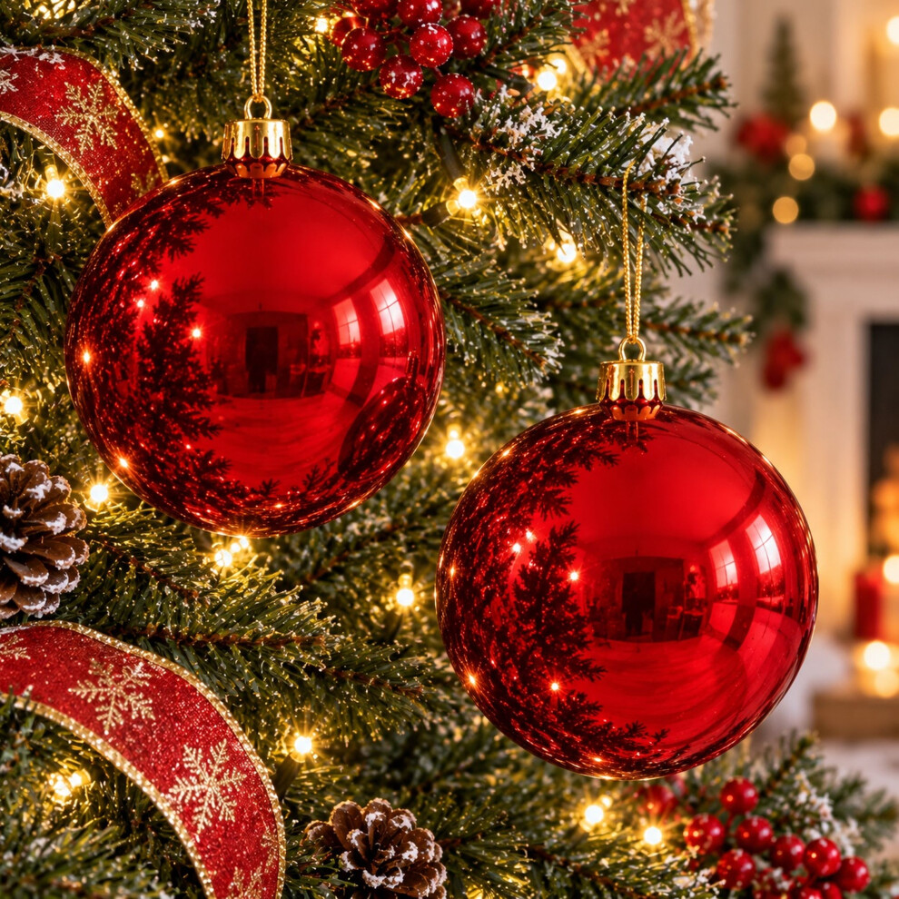 Decoris 2 Large Christmas Baubles Red Shiny 20Cm