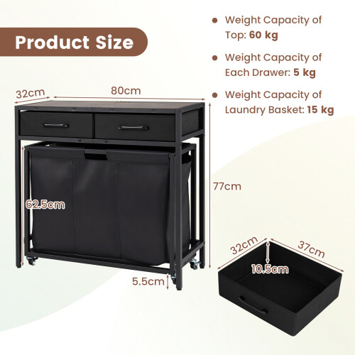 Costway 2-in-1 Laundry Basket Organizer with 3 Sections & Wheels 2