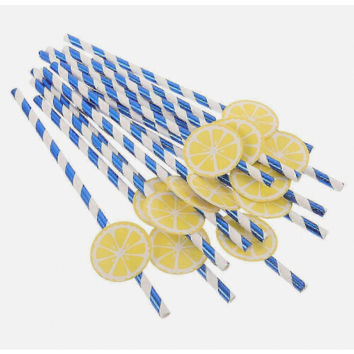 Lemon Pattern Paper Straws for Party, 50pcs Blue Decorative Drinking Straws