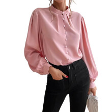 Camicetta Lunga da Donna con Maniche A Lanterna, Colletto Alto, Monopetto, Tinta Unita, Casual, Ampia, Top Rosa M