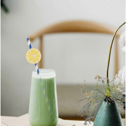 Lemon Pattern Paper Straws for Party, 50pcs Blue Decorative Drinking Straws 2