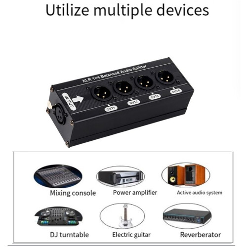 Distribuidor de Áudio XLR Balanceado 6.5TS de 1 Entrada e 4 Saídas, Compatível com Expansor Divisor de Áudio Digital e Analógico