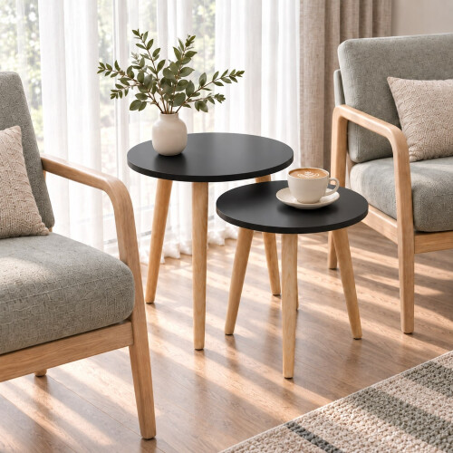 (Black) Set of 2 Round Nesting Coffee Tables Pine Legs 1