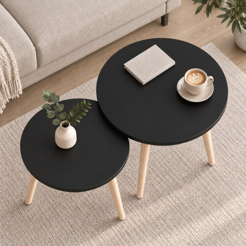 (Black) Set of 2 Round Nesting Coffee Tables Pine Legs 2