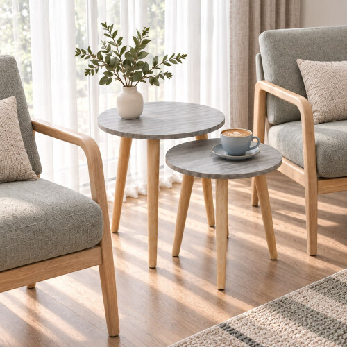 (Grey) Set of 2 Round Nesting Coffee Tables Pine Legs 1