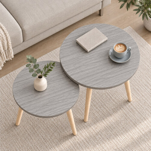 (Grey) Set of 2 Round Nesting Coffee Tables Pine Legs 2