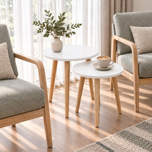 (White) Set of 2 Round Nesting Coffee Tables Pine Legs 1