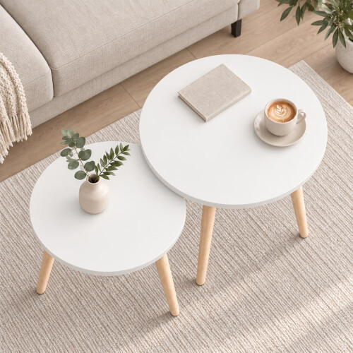 (White) Set of 2 Round Nesting Coffee Tables Pine Legs 2