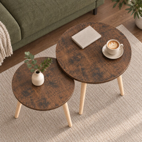 (Rustic Brown) Set of 2 Round Nesting Coffee Tables Pine Legs 2