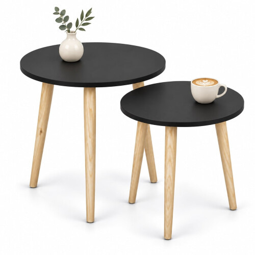 (Black) Set of 2 Round Nesting Coffee Tables Pine Legs