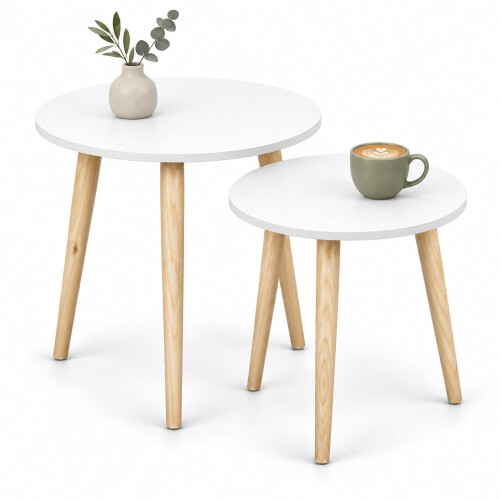 (White) Set of 2 Round Nesting Coffee Tables Pine Legs