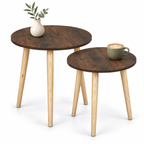 (Rustic Brown) Set of 2 Round Nesting Coffee Tables Pine Legs