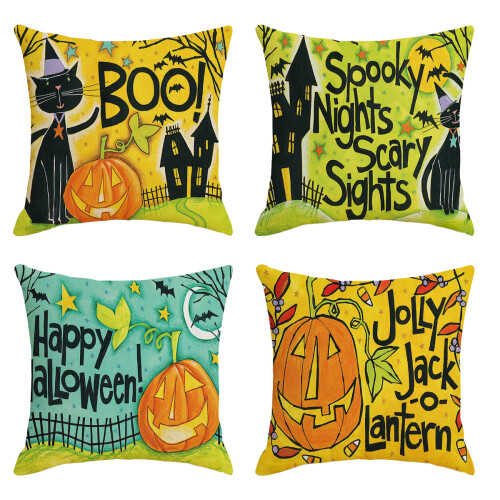 Linen Throw Pillow Covers Halloween Pumpkin Theme 4 Pack