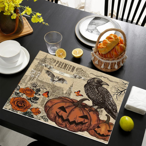 Halloween Placemats Set Skeleton Pumpkin Candy Design 4pcs 1