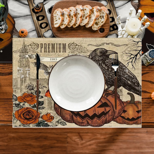 Halloween Placemats Set Skeleton Pumpkin Candy Design 4pcs 2
