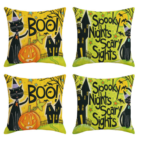 Linen Throw Pillow Covers Halloween Pumpkin Theme 4 Pack