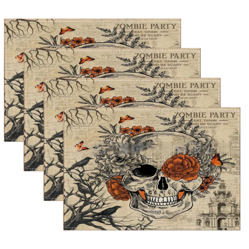 Halloween Placemats Set Skeleton Pumpkin Candy Design 4 pcs