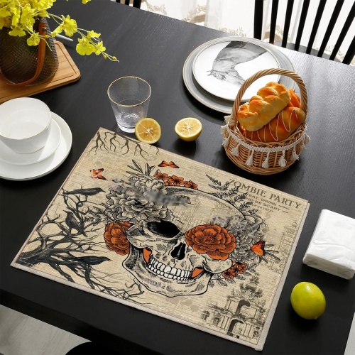 Halloween Placemats Set Skeleton Pumpkin Candy Design 4 pcs 2